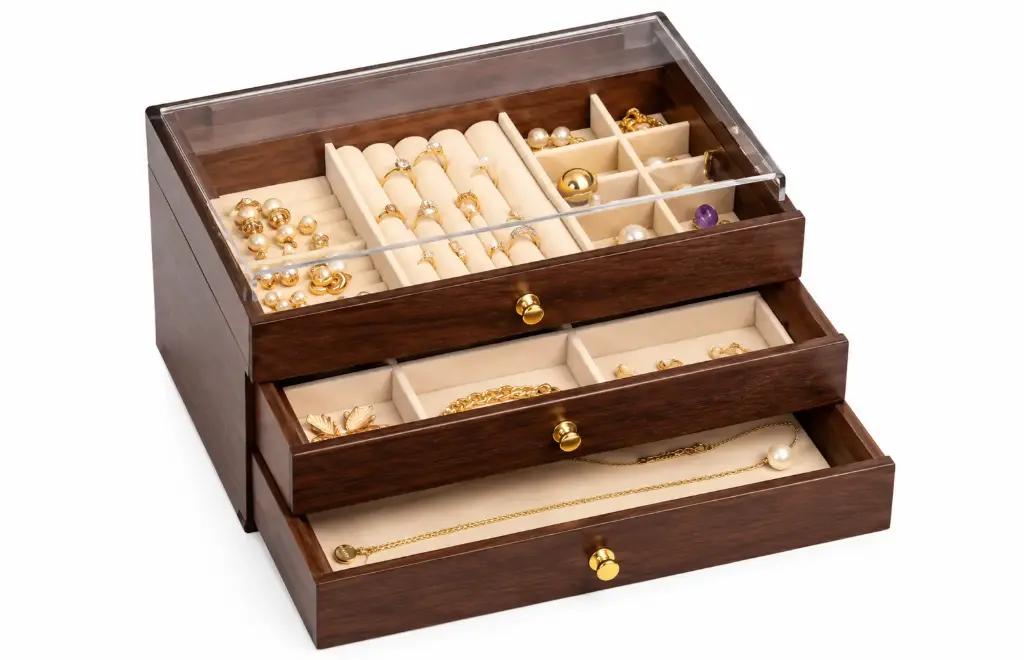 ORGANIZADOR ACRILICO DE JOYAS 3 NIVELES TH-132 SEMIL MADERA