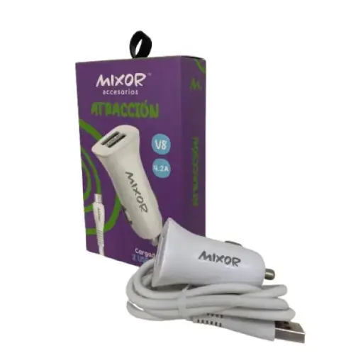 [101813] CARGADOR AUTO MIXOR ATRACCION 2USB + CABLE V8