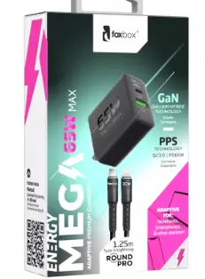 CARGADOR GAN MEGA 65W + CABLE ROUND PRO LIGHTNING